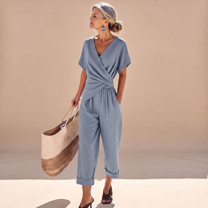 Women's Elegant Two-Piece Wrap-Front Top Cropped Pants Set - Blue