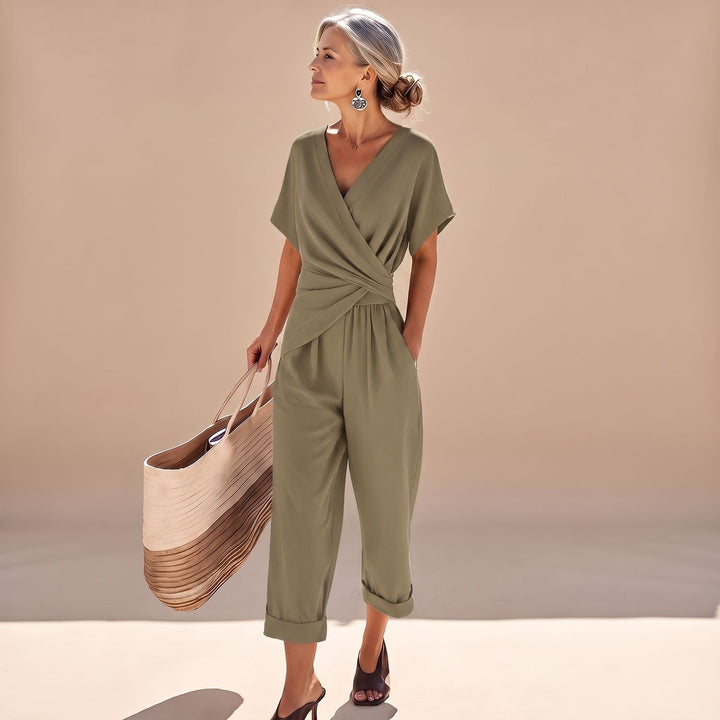 Women's Elegant Two-Piece Wrap-Front Top Cropped Pants Set - Khaki