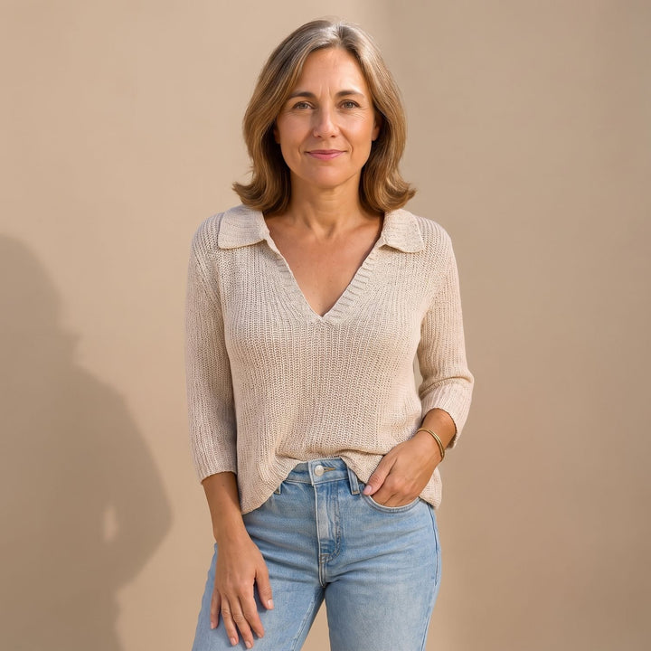 Women's Elegant V-Neck Collared Knit Sweater Top