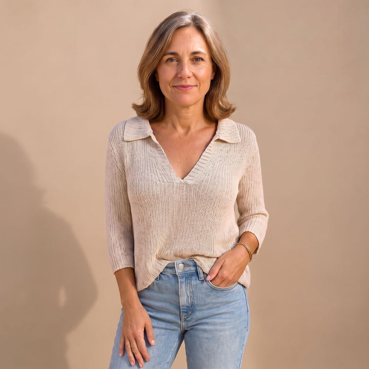 Women's Elegant V-Neck Collared Knit Sweater Top - Beige
