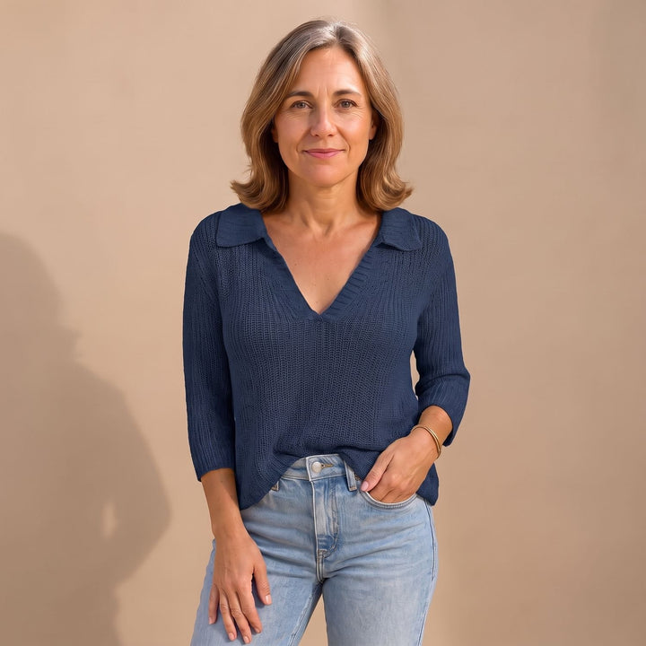Women's Elegant V-Neck Collared Knit Sweater Top - Navy Blue