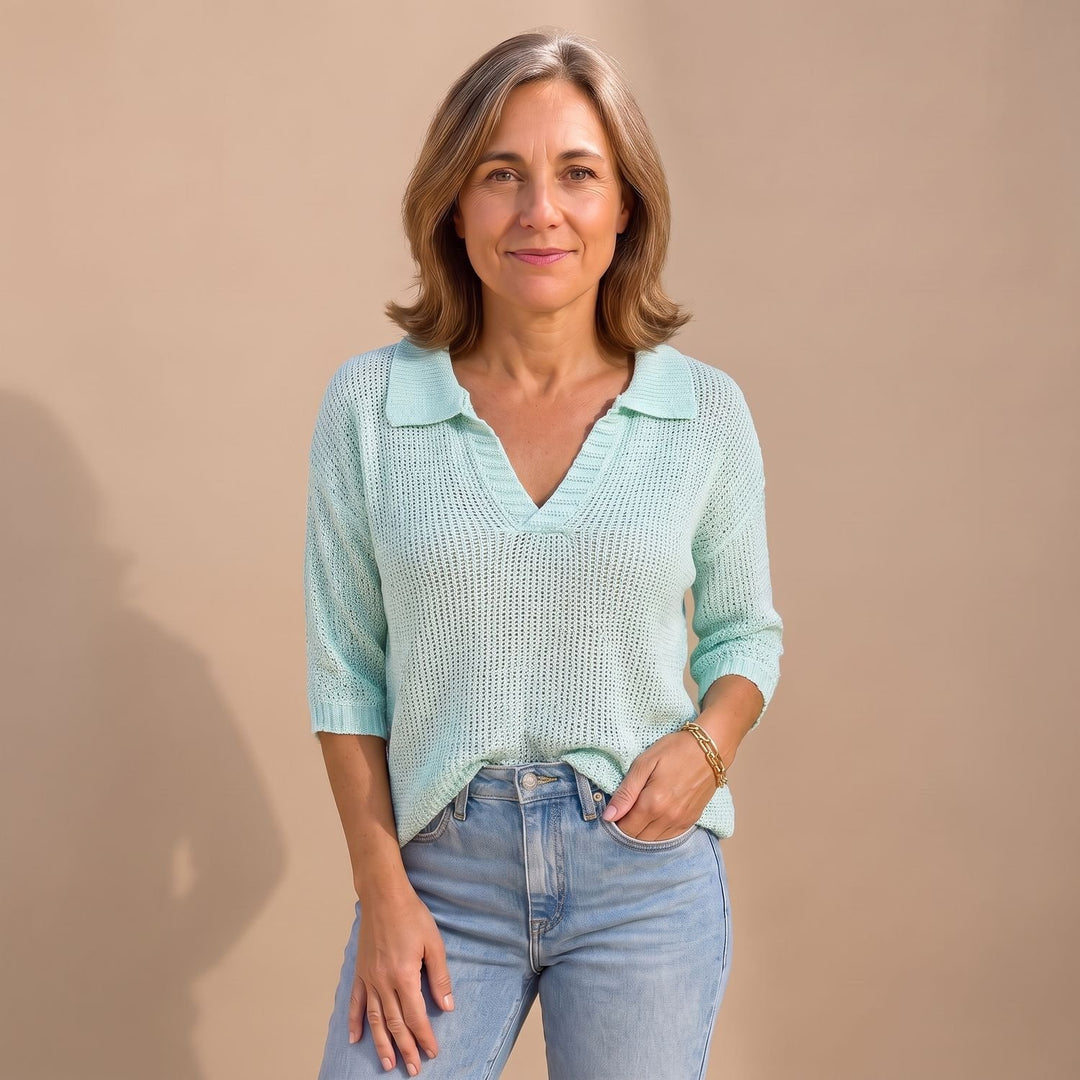 Women's Elegant V-Neck Collared Knit Sweater Top - Light Blue