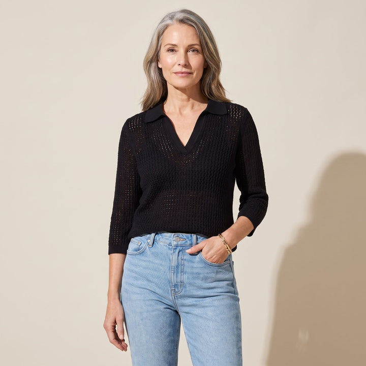 Women's Elegant V-Neck Collared Knit Sweater Top - Black