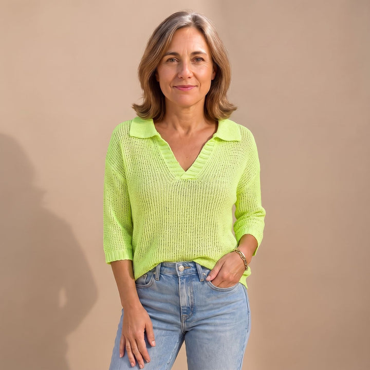 Women's Elegant V-Neck Collared Knit Sweater Top - Green