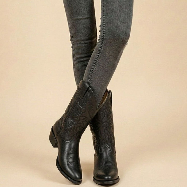 Women's Embroidered Mid-Calf Western Cowboy Boots - Black