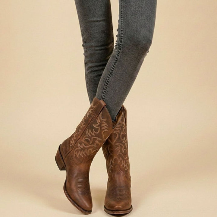 Women's Embroidered Mid-Calf Western Cowboy Boots - Brown