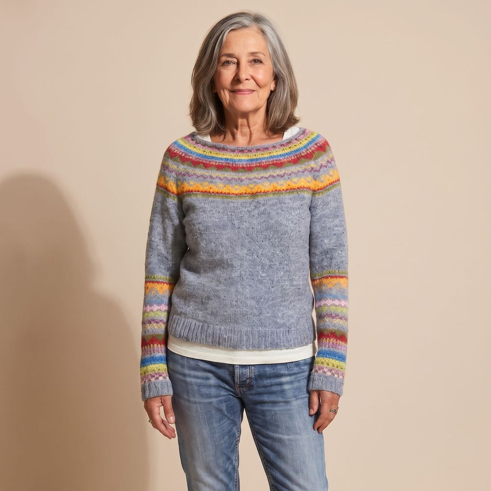Women's Fair Isle Crewneck Knit Sweater Colorful Stripe Detail