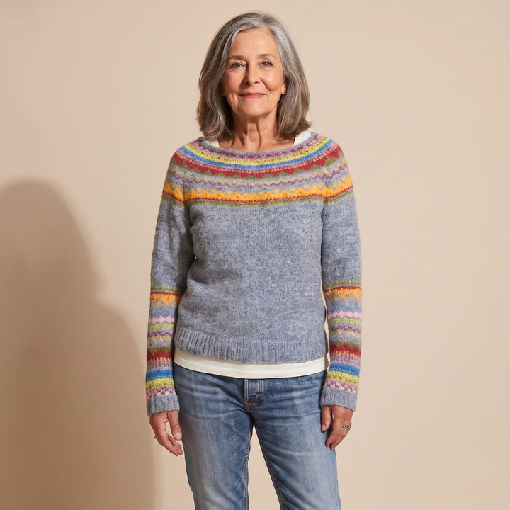 Women's Fair Isle Crewneck Knit Sweater Colorful Stripe Detail