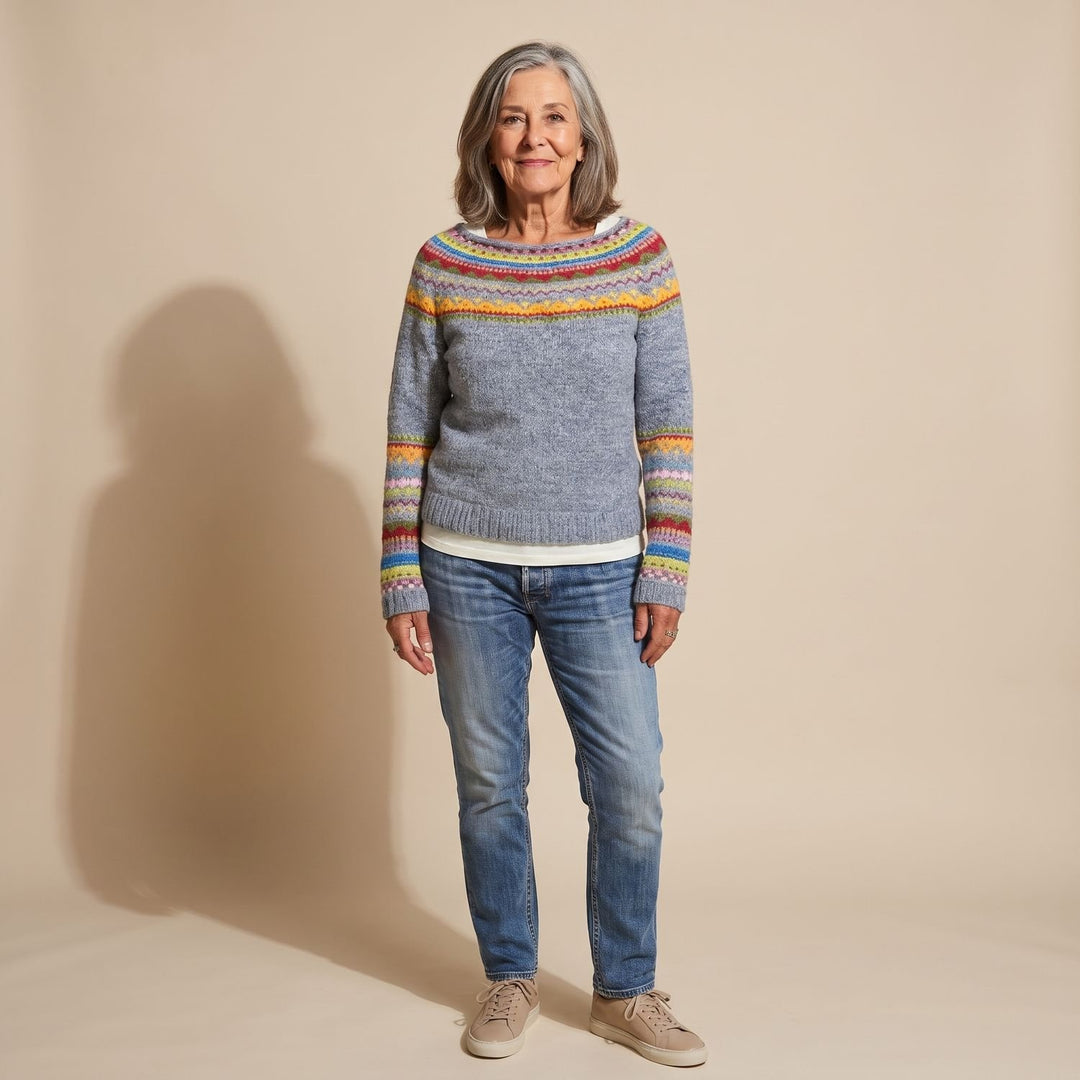 Women's Fair Isle Crewneck Knit Sweater Colorful Stripe Detail