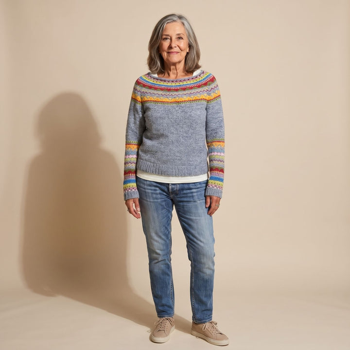 Women's Fair Isle Crewneck Knit Sweater Colorful Stripe Detail