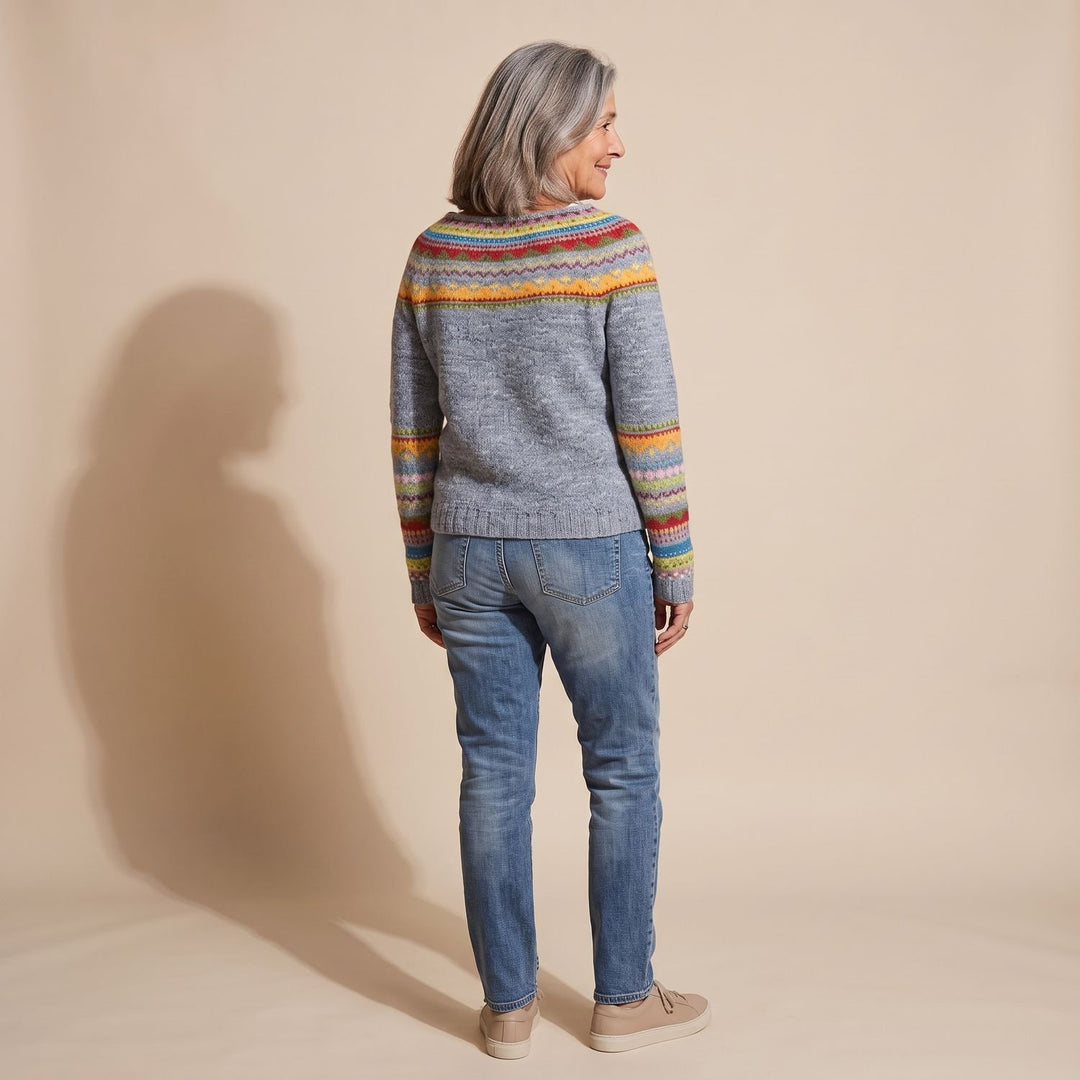 Women's Fair Isle Crewneck Knit Sweater Colorful Stripe Detail