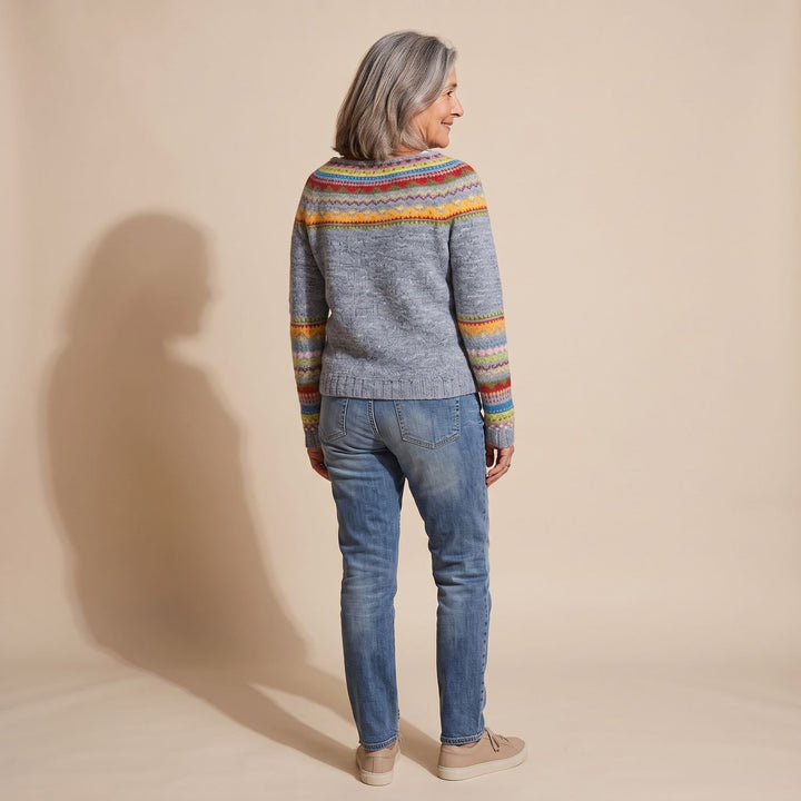 Women's Fair Isle Crewneck Knit Sweater Colorful Stripe Detail
