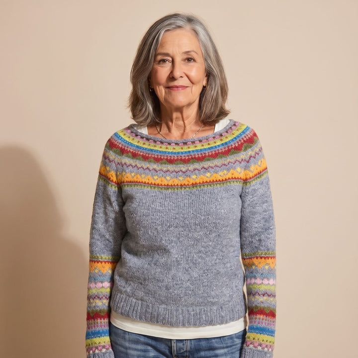 Women's Fair Isle Crewneck Knit Sweater Colorful Stripe Detail