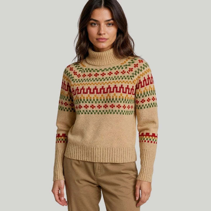 Women's Fair Isle Turtleneck Chunky Knit Oversized Sweater - Beige