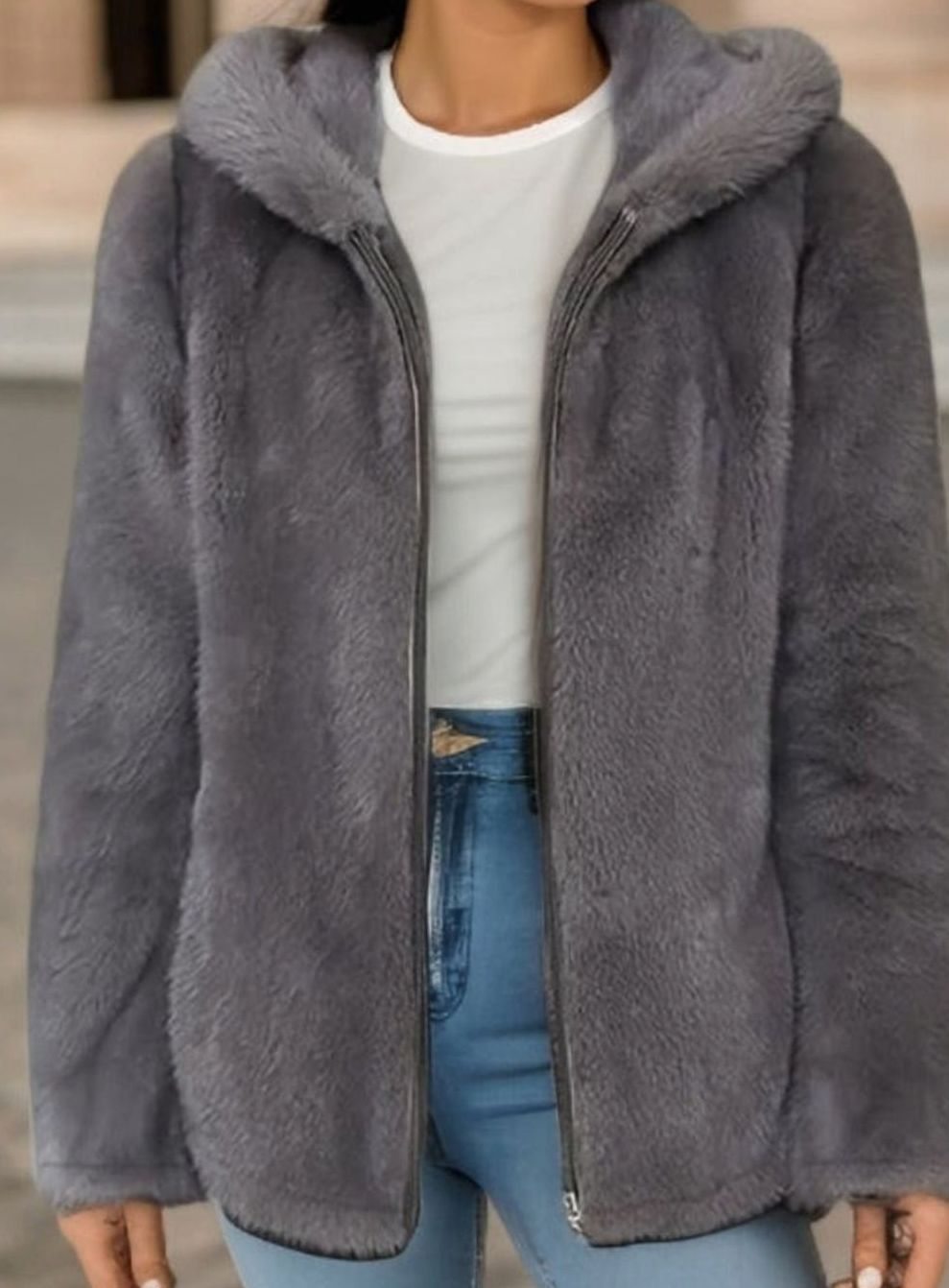 Women's Faux Fur Coat Hooded Zip-Up Teddy Fleece Jacket - Gray