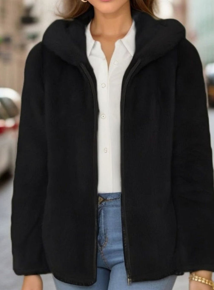 Women's Faux Fur Coat Hooded Zip-Up Teddy Fleece Jacket - Black