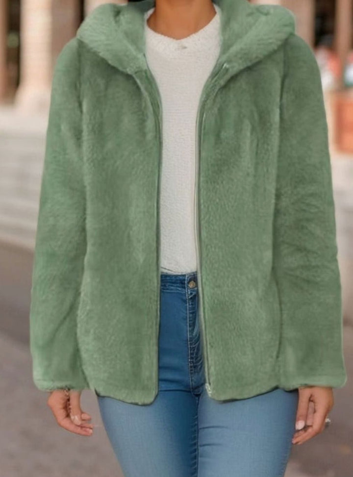 Women's Faux Fur Coat Hooded Zip-Up Teddy Fleece Jacket - Green