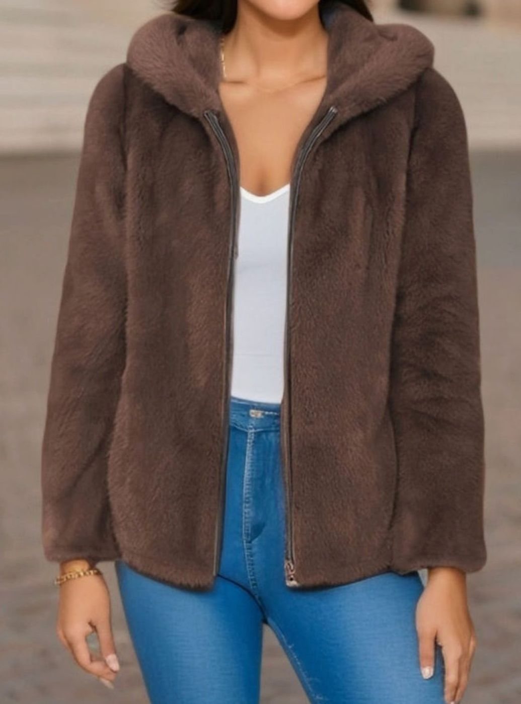 Women's Faux Fur Coat Hooded Zip-Up Teddy Fleece Jacket - Brown