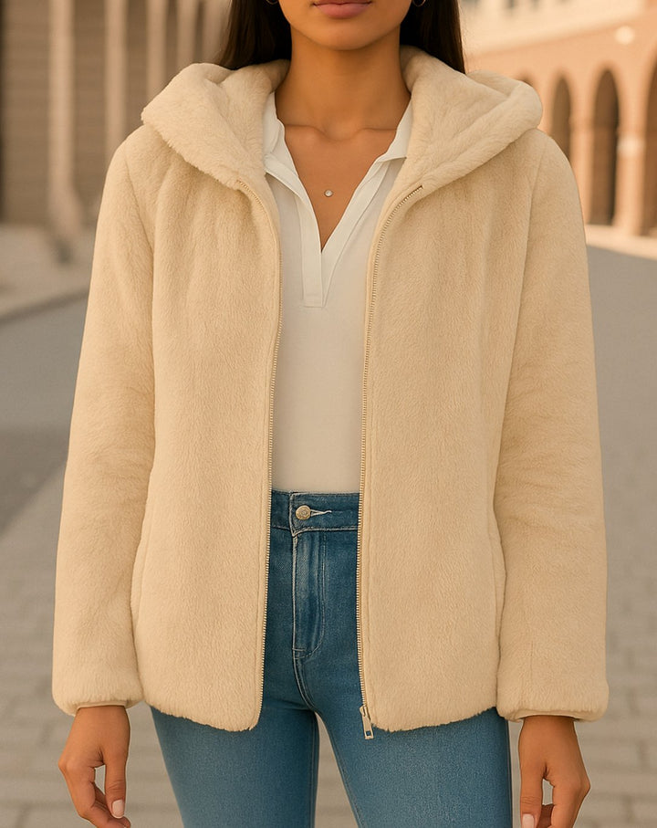 Women's Faux Fur Coat Hooded Zip-Up Teddy Fleece Jacket - Light Brown