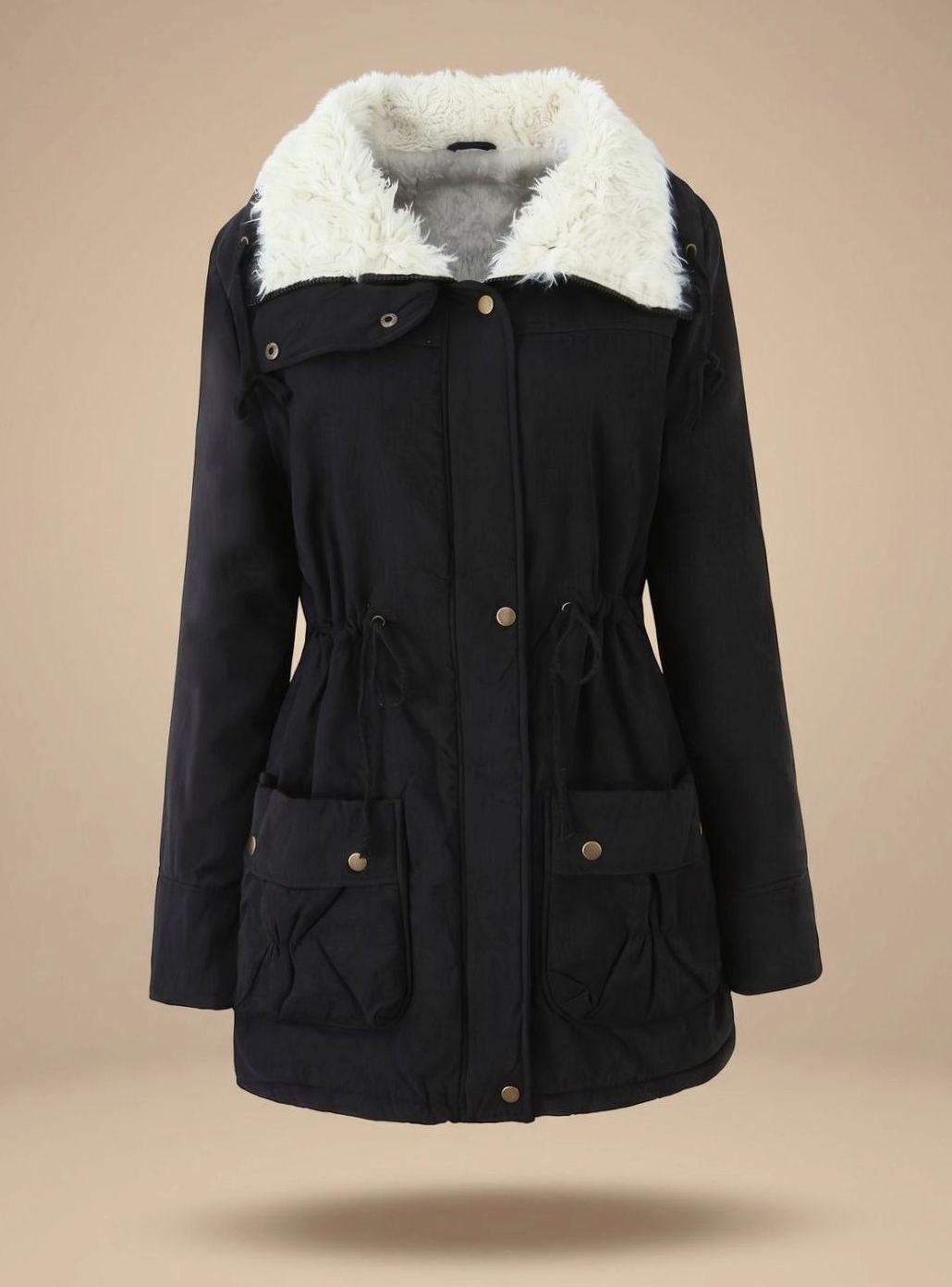 Women's Faux-Fur Collar Drawstring-Waist Insulated Winter Parka - Black