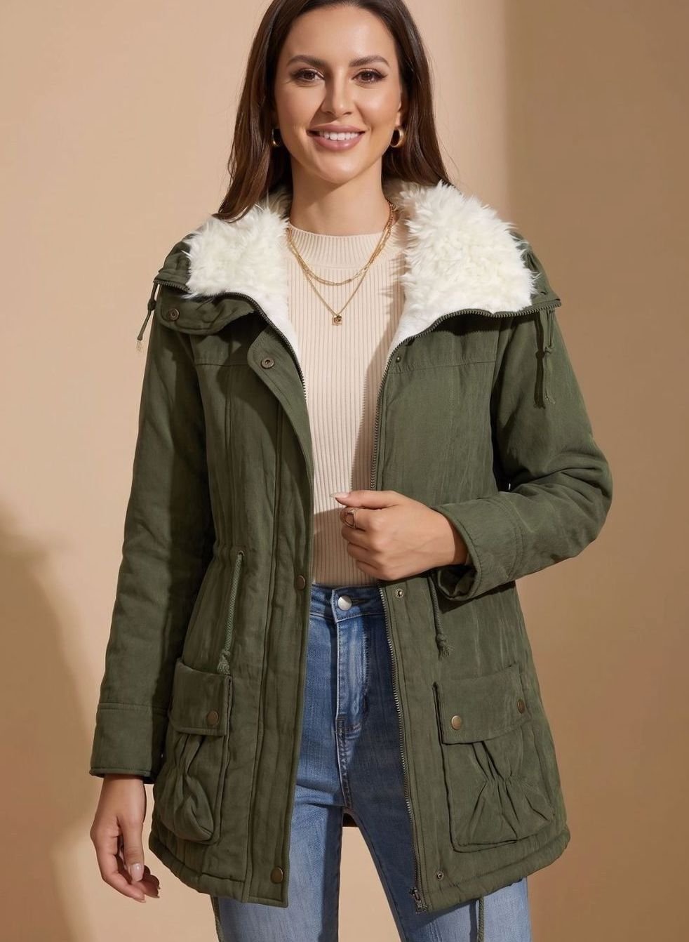 Women's Faux-Fur Collar Drawstring-Waist Insulated Winter Parka - Olive Green