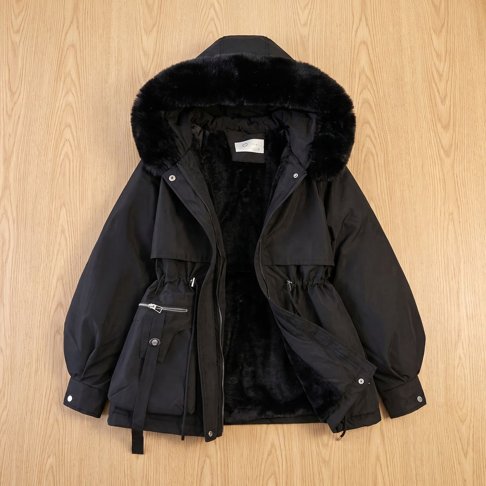 Women's Faux Fur Hood Drawstring Parka Winter Coat - Black