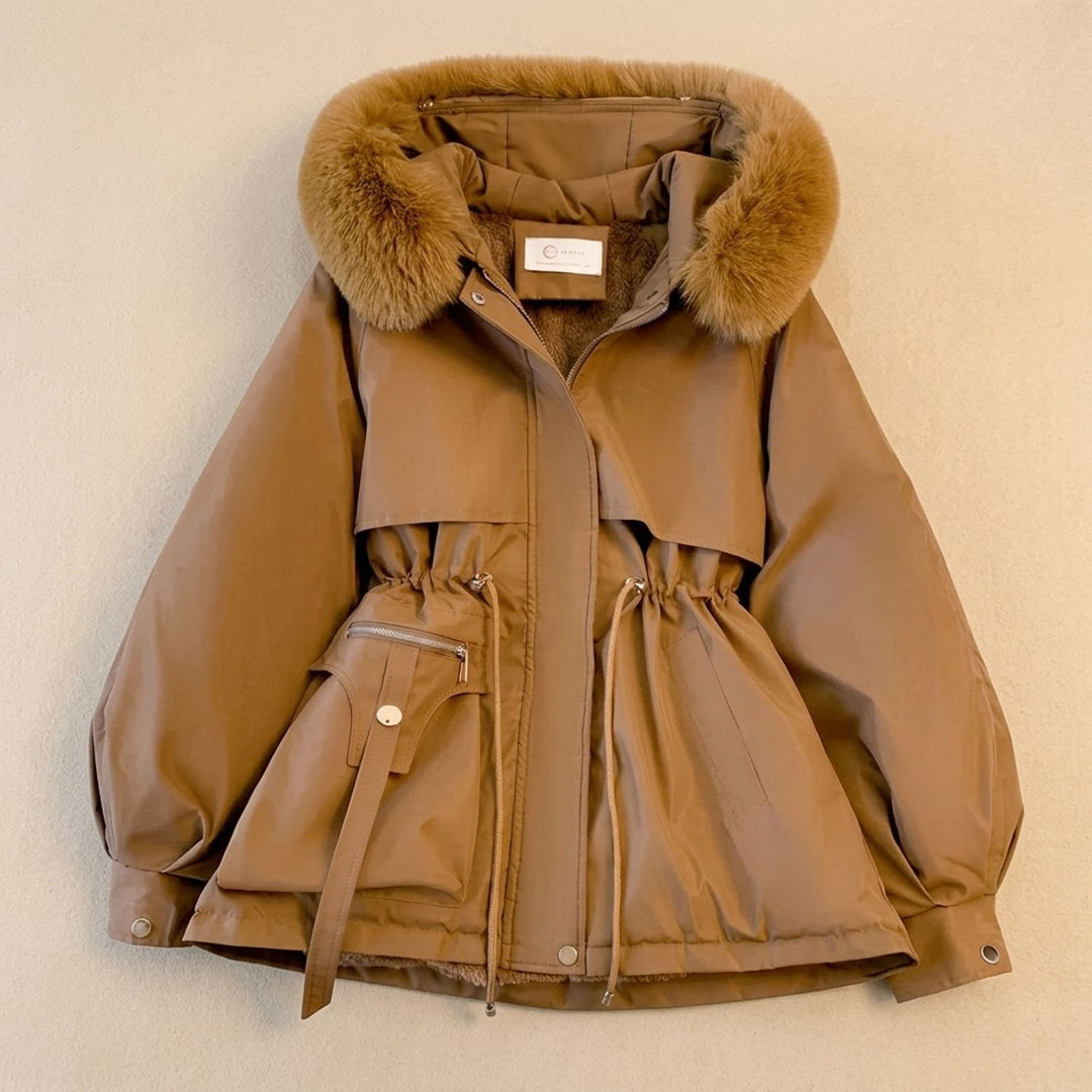 Women's Faux Fur Hood Drawstring Parka Winter Coat - Brown