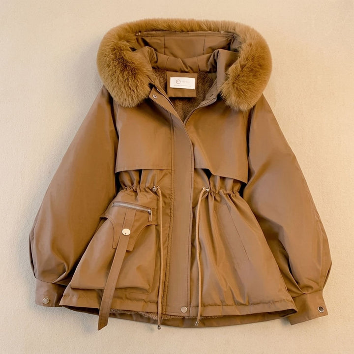 Women's Faux Fur Hood Drawstring Parka Winter Coat - Brown