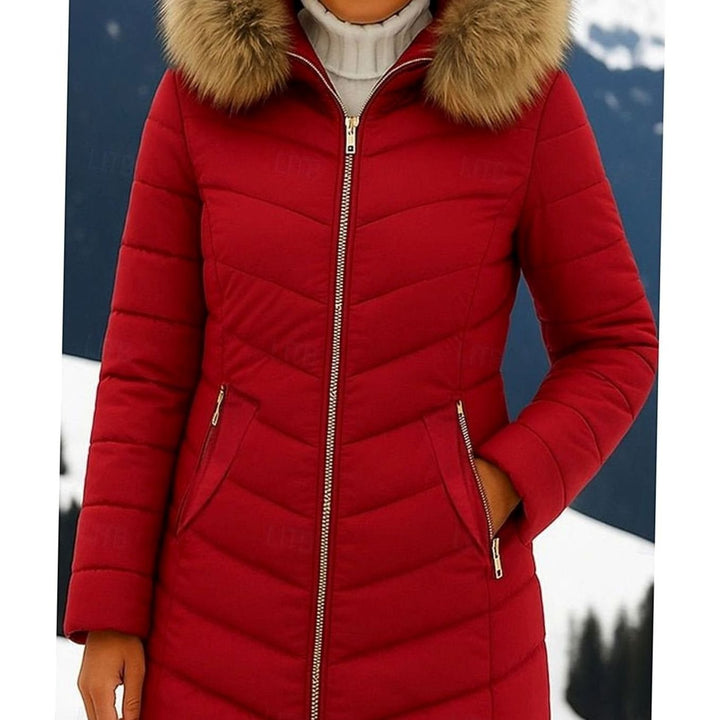Women's Faux Fur Hood Quilted Jacket Zip-Up Puffer Coat - Burgundy