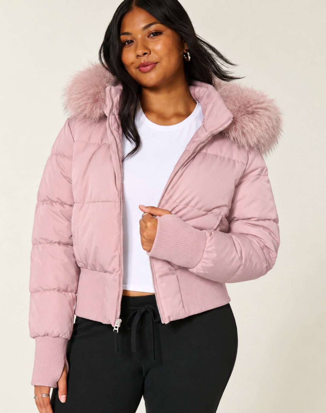 Women's Faux Fur Hooded Cropped Puffer Jacket - Red