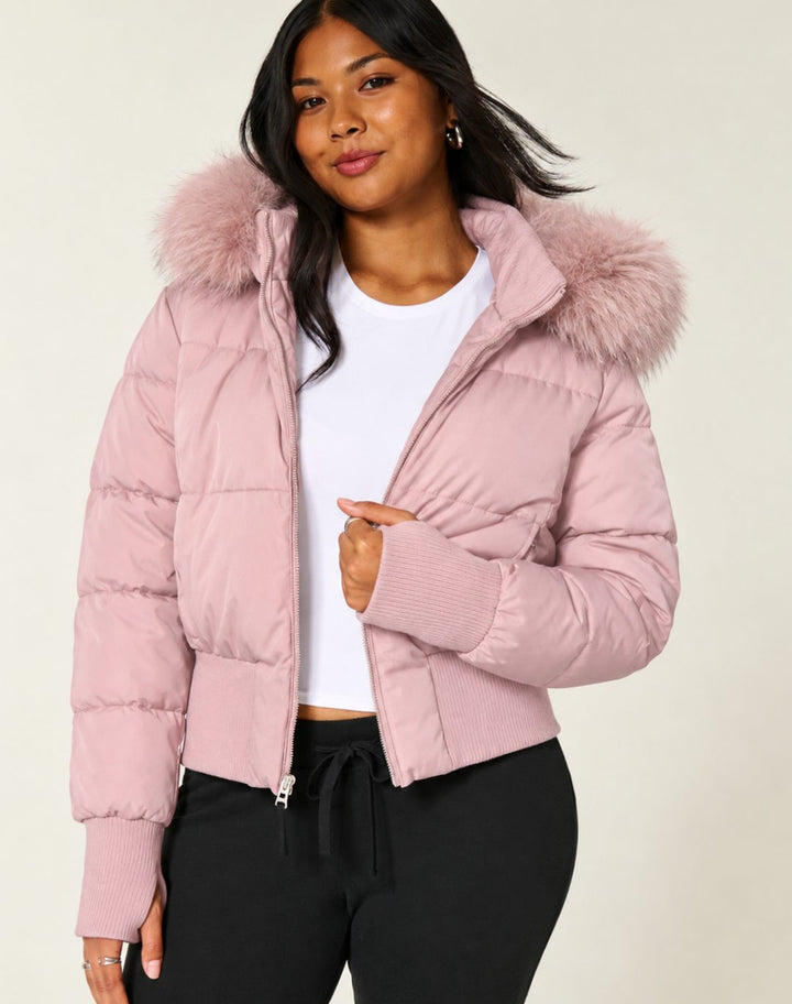 Women's Faux Fur Hooded Cropped Puffer Jacket - Red