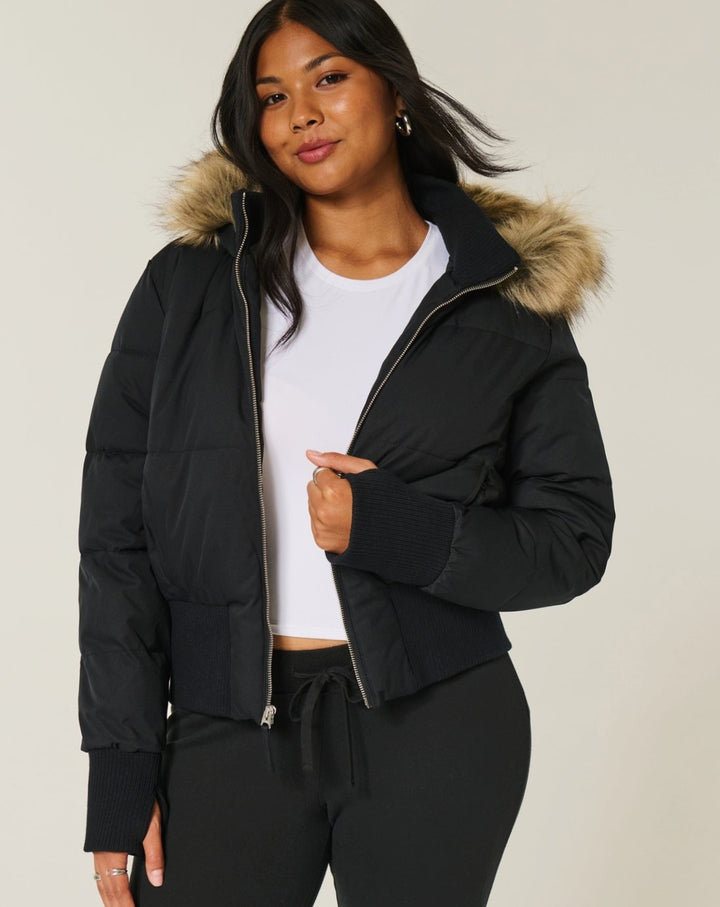 Women's Faux Fur Hooded Cropped Puffer Jacket - Black