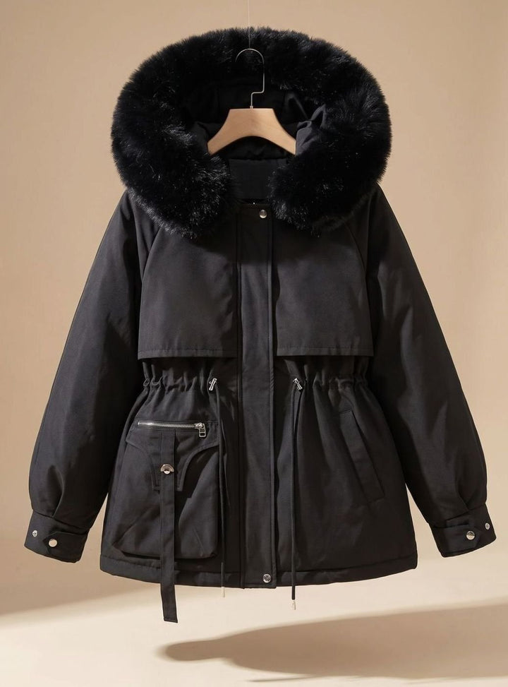 Women's Faux-Fur Hooded Drawstring Cinched Puffer Jacket - Black