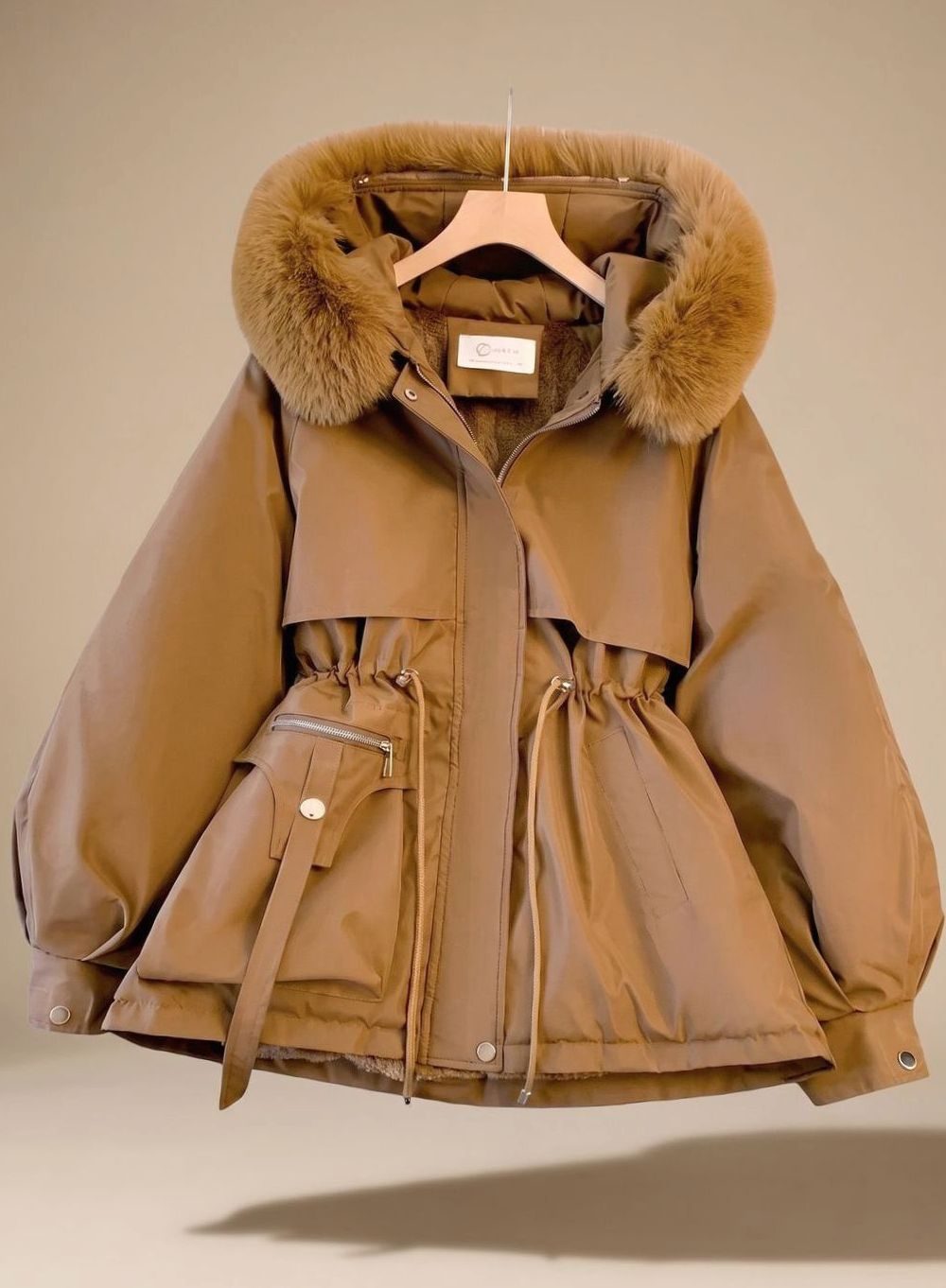 Women's Faux-Fur Hooded Drawstring Cinched Puffer Jacket - Brown