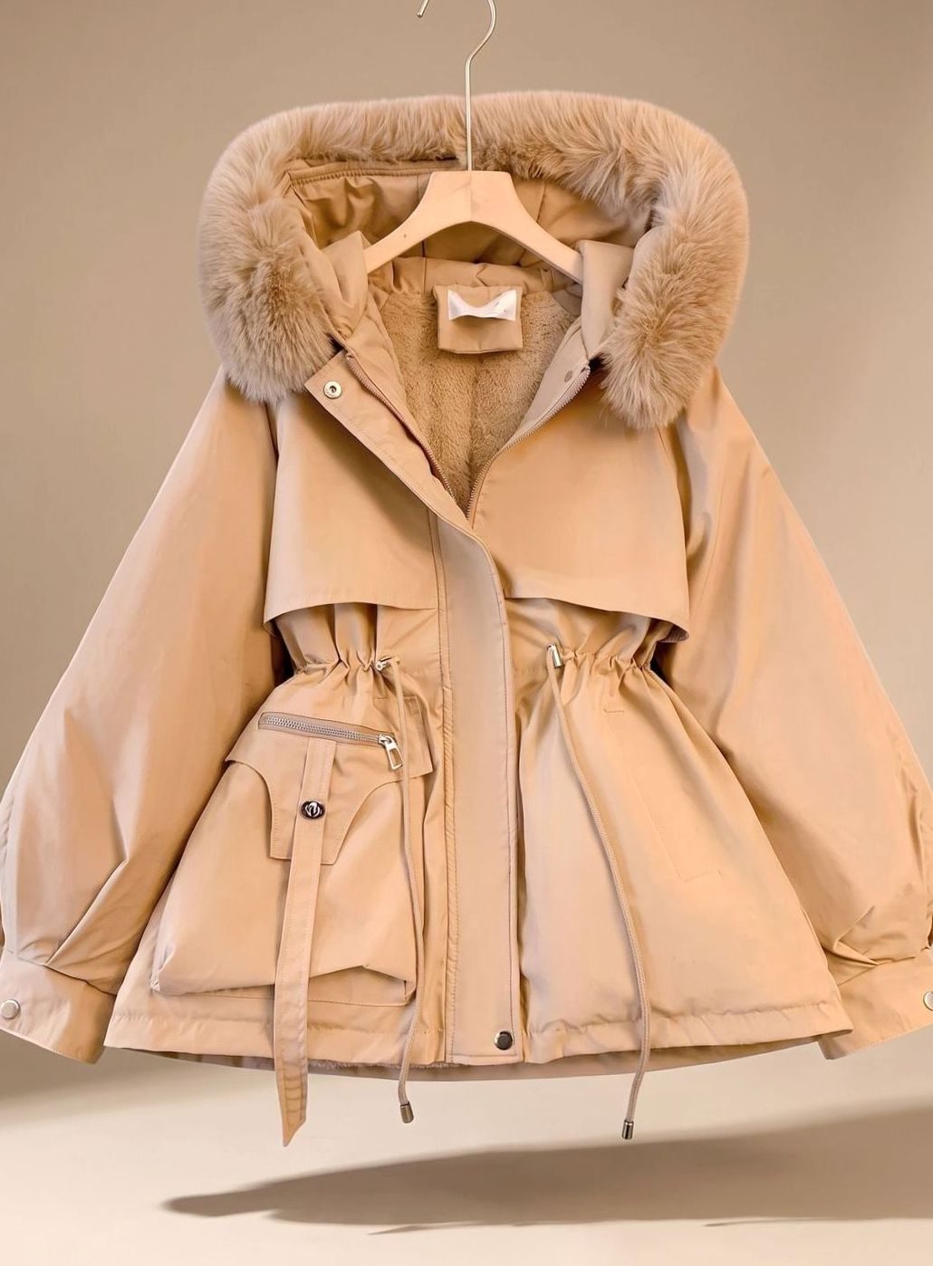 Women's Faux-Fur Hooded Drawstring Cinched Puffer Jacket - Khaki