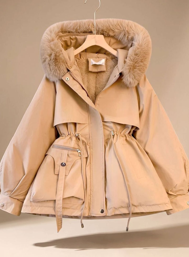 Women's Faux-Fur Hooded Drawstring Cinched Puffer Jacket - Khaki