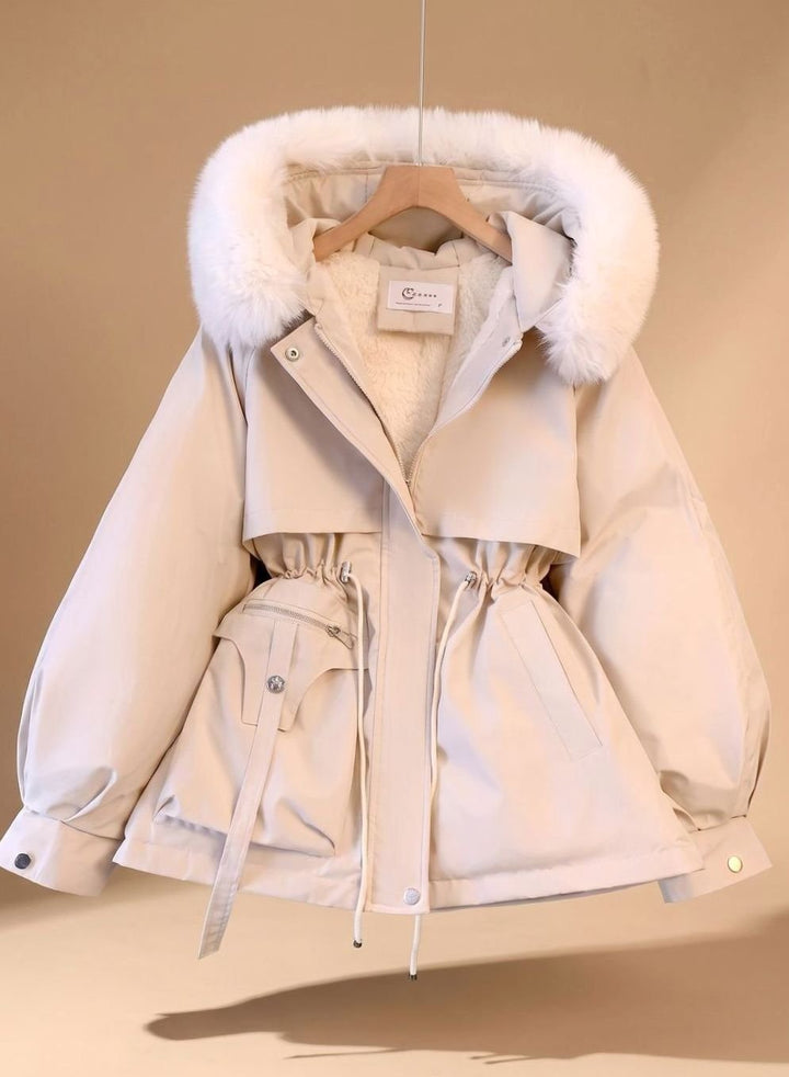 Women's Faux-Fur Hooded Drawstring Cinched Puffer Jacket - White
