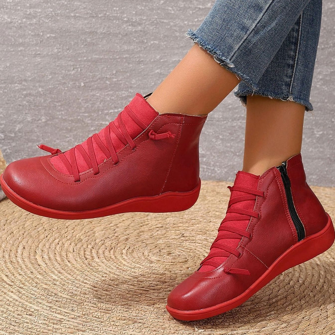 Women's Faux Leather Cross-Strap Side-Zip Ankle Booties - Red