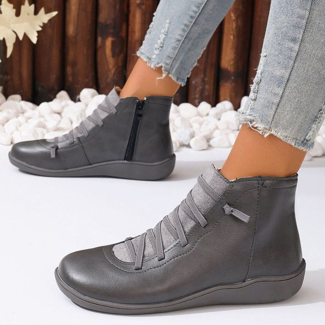 Women's Faux Leather Cross-Strap Side-Zip Ankle Booties - Gray