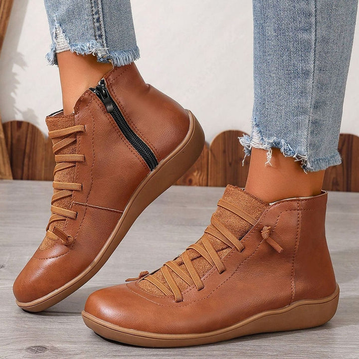 Women's Faux Leather Cross-Strap Side-Zip Ankle Booties