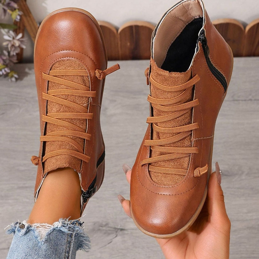 Women's Faux Leather Cross-Strap Side-Zip Ankle Booties