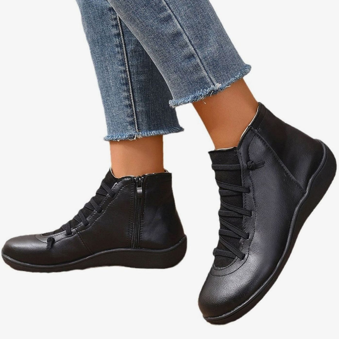 Women's Faux Leather Cross-Strap Side-Zip Ankle Booties