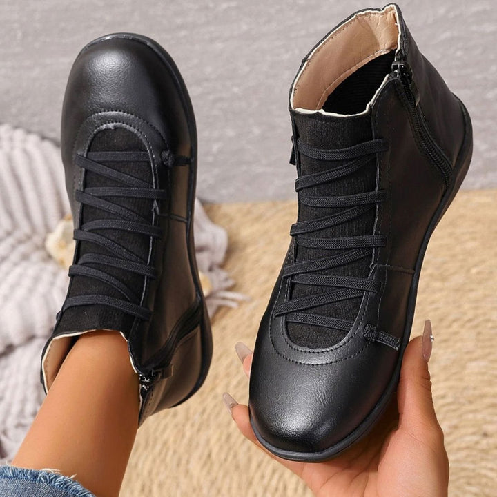 Women's Faux Leather Cross-Strap Side-Zip Ankle Booties - Black