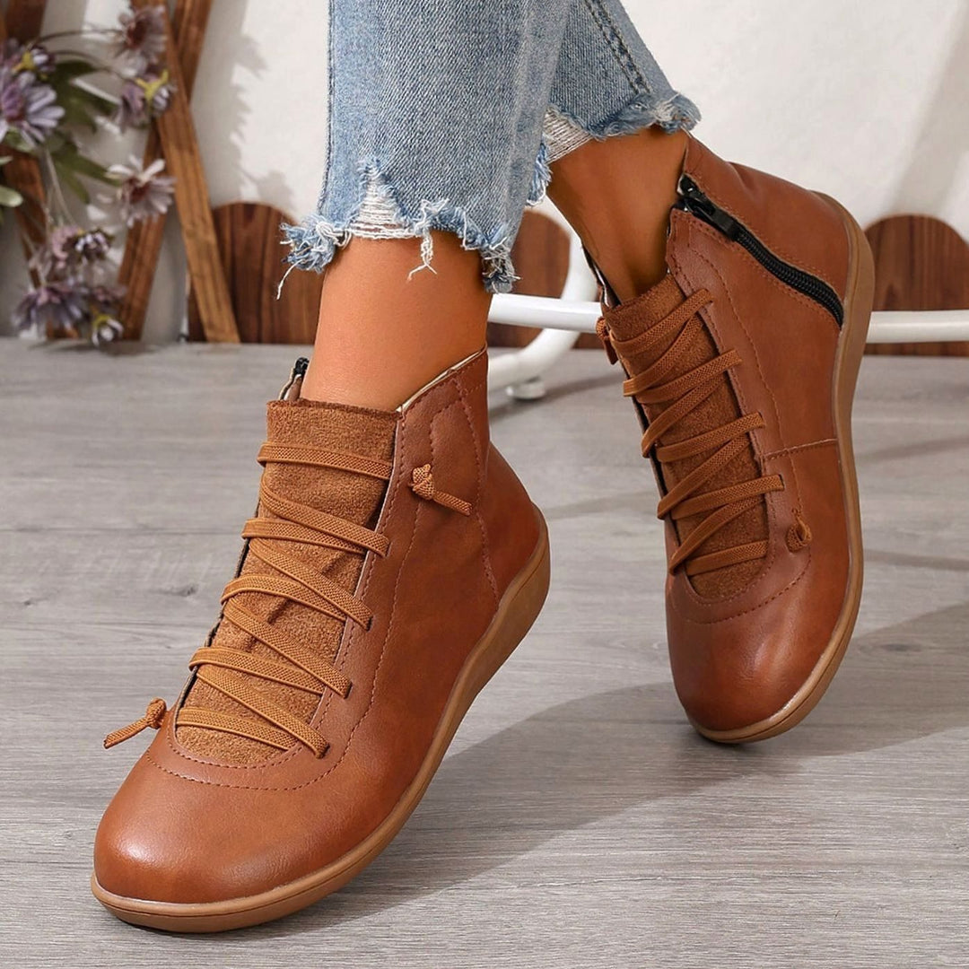 Women's Faux Leather Cross-Strap Side-Zip Ankle Booties - Brown
