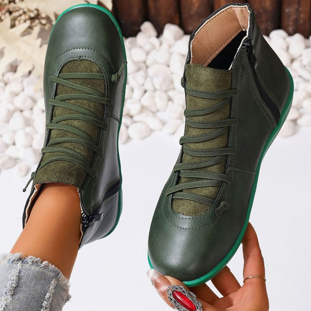 Women's Faux Leather Cross-Strap Side-Zip Ankle Booties - Green