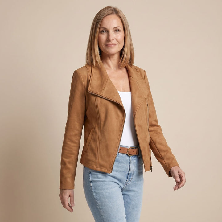 Women's Faux Leather Jacket Asymmetric-Zip Suede Moto Biker