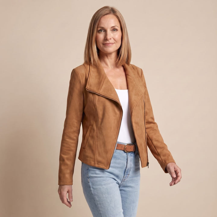 Women's Faux Leather Jacket Asymmetric-Zip Suede Moto Biker