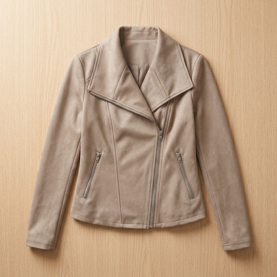 Women's Faux Leather Jacket Asymmetric-Zip Suede Moto Biker - Apricot