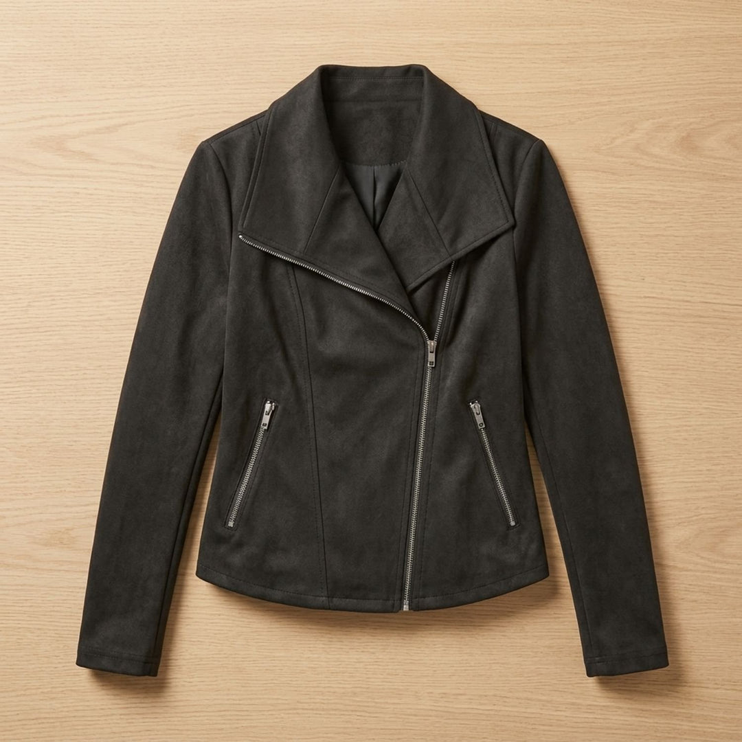 Women's Faux Leather Jacket Asymmetric-Zip Suede Moto Biker - Black