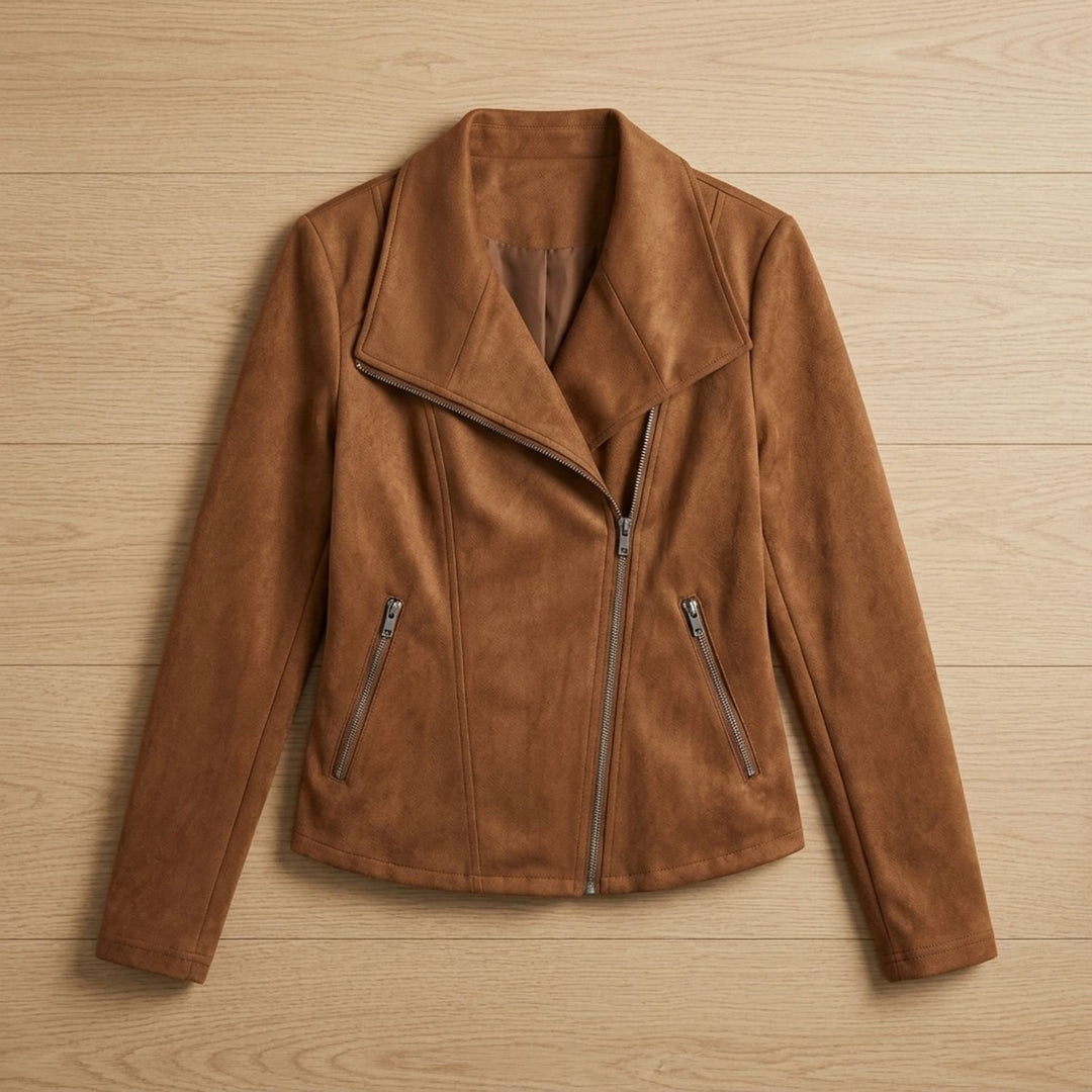 Women's Faux Leather Jacket Asymmetric-Zip Suede Moto Biker - Camel